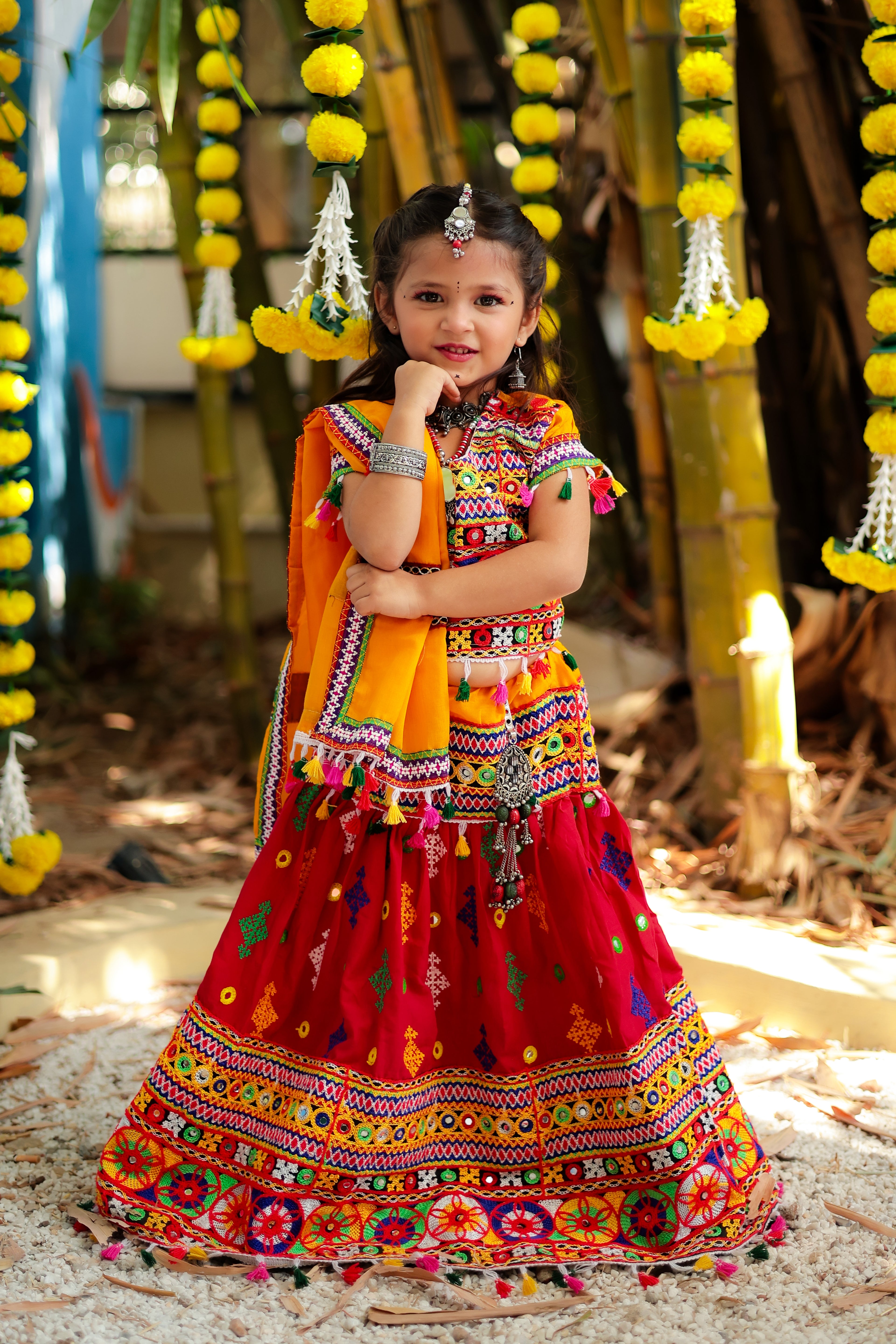 Banjara India Kutchi Emboidered Black Girls Lehenga Choli with Dupatta (CC-BTTA) - Red