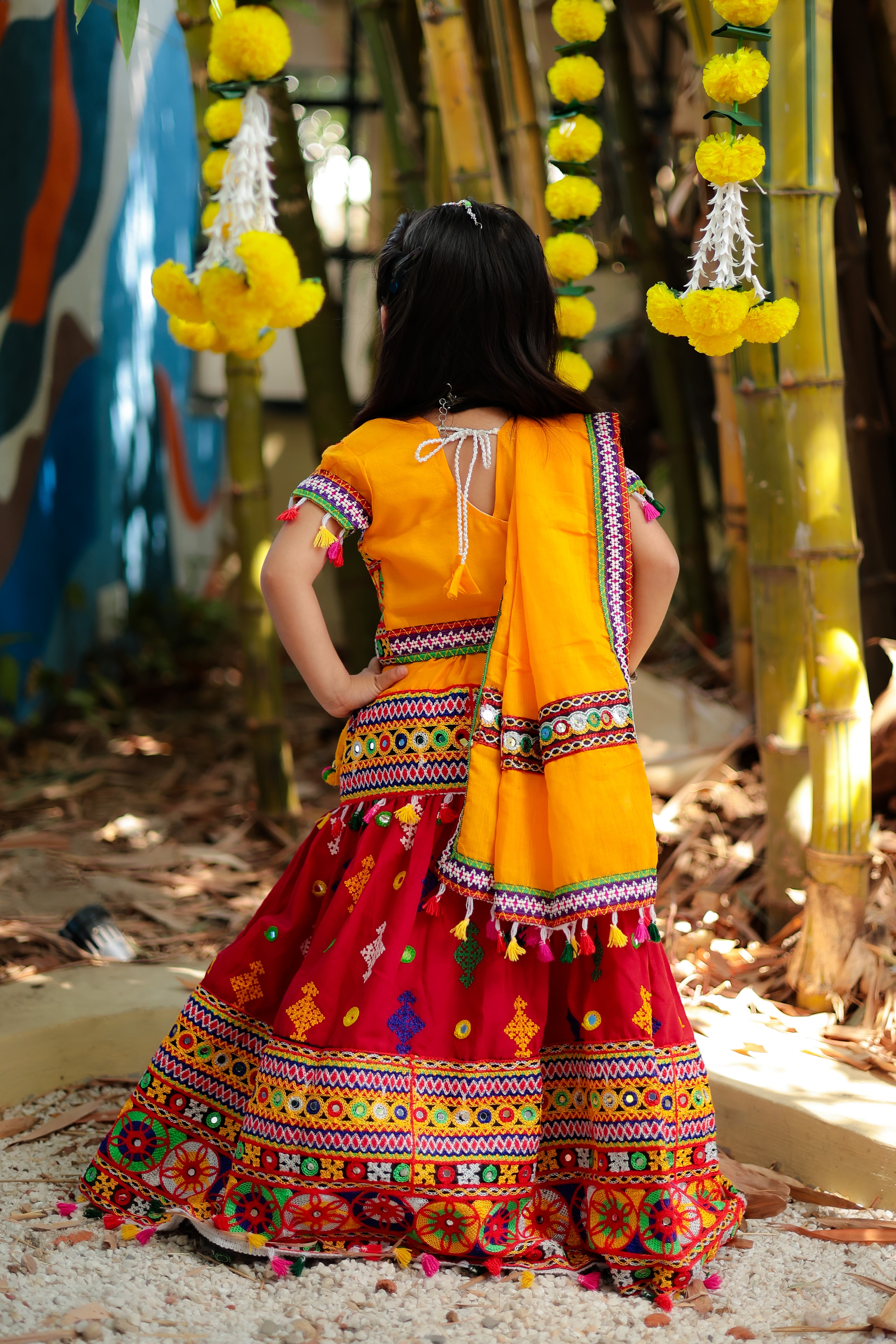 Banjara India Kutchi Emboidered Black Girls Lehenga Choli with Dupatta (CC-BTTA) - Red