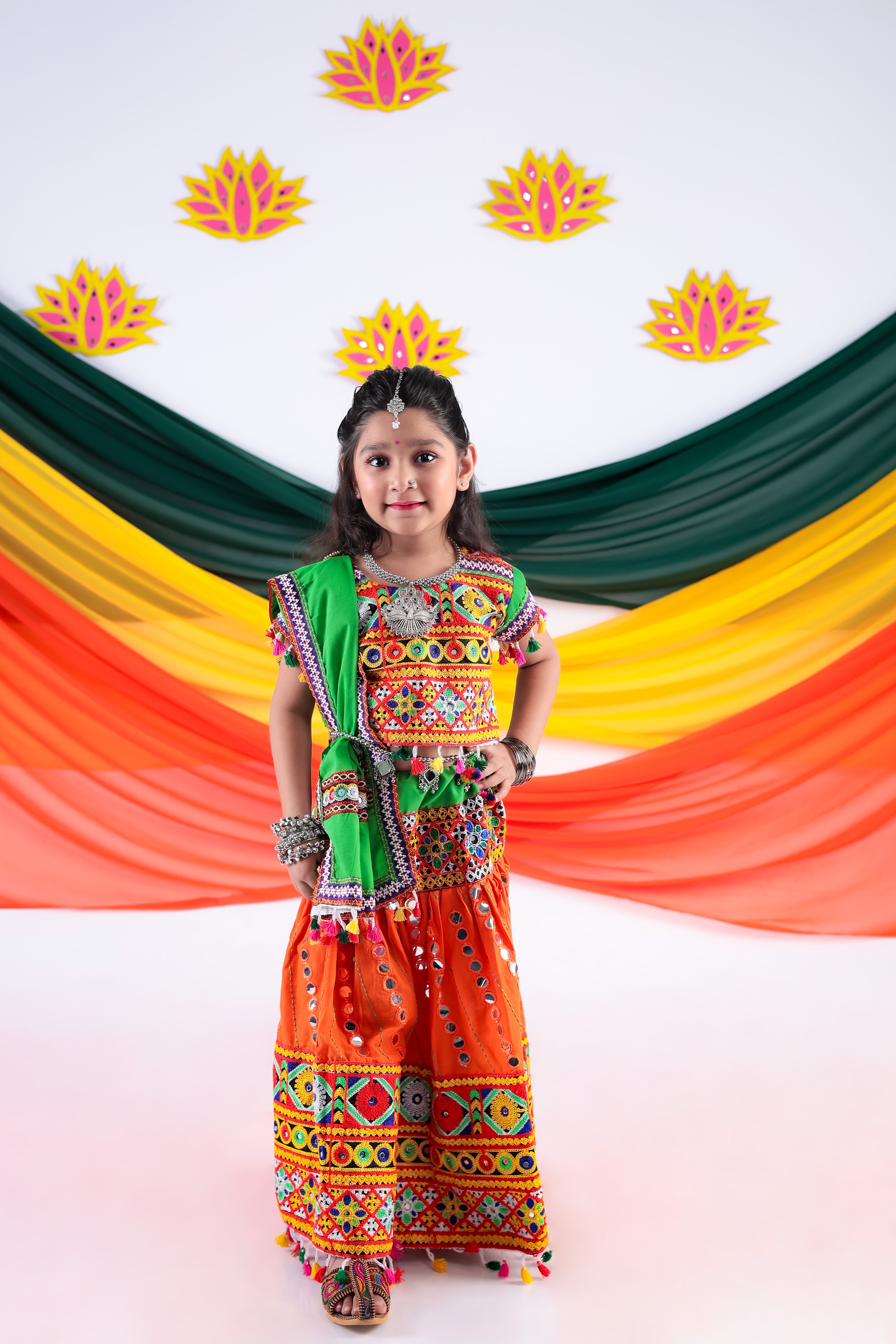 Banjara India Kutchi Emboidered Orange Girls Chaniya Choli with Dupatta (CC-RSGL) - ORANGE