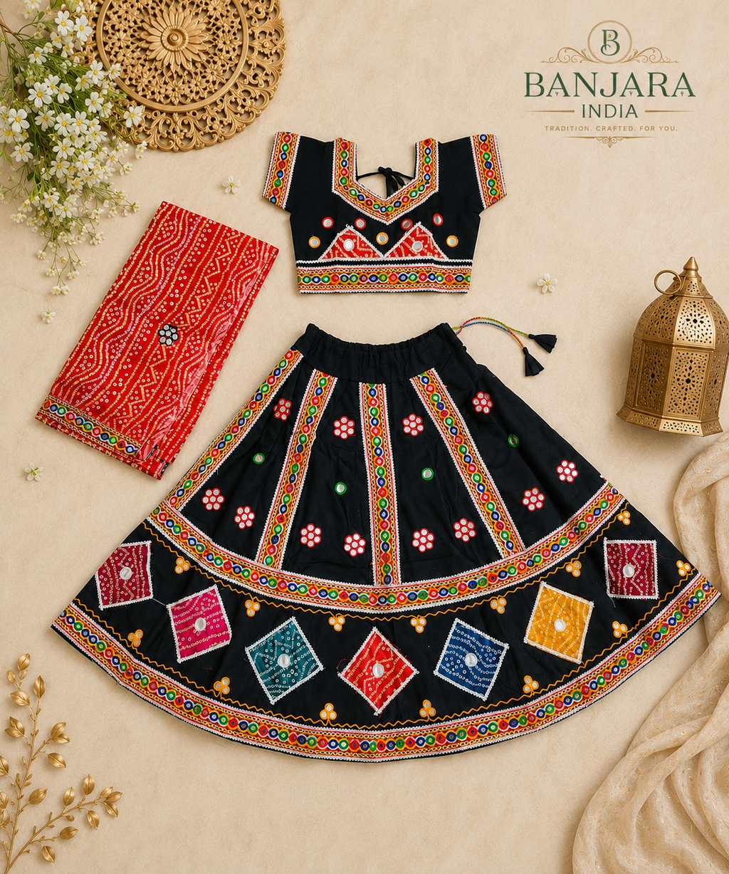 Banjara India Kutchi Embroidered Girls Chaniya Choli with Dupatta (CC-CHN) - Black