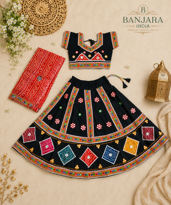 Banjara India Kutchi Embroidered Girls Chaniya Choli with Dupatta (CC-CHN) - Black
