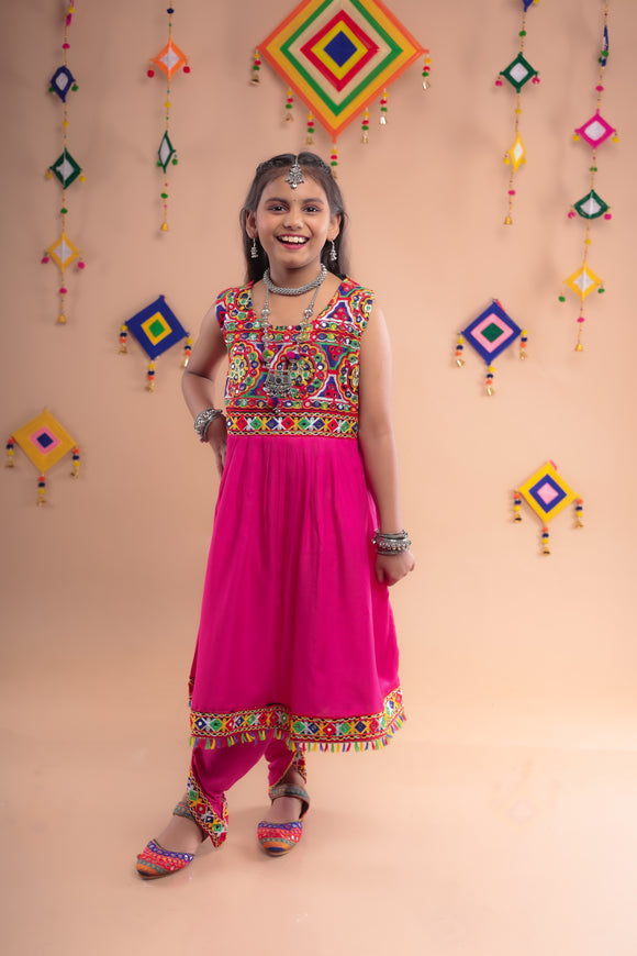 Banjara India Kutchi Emboidered Girls Dhoti Set (DHT-222) - Pink