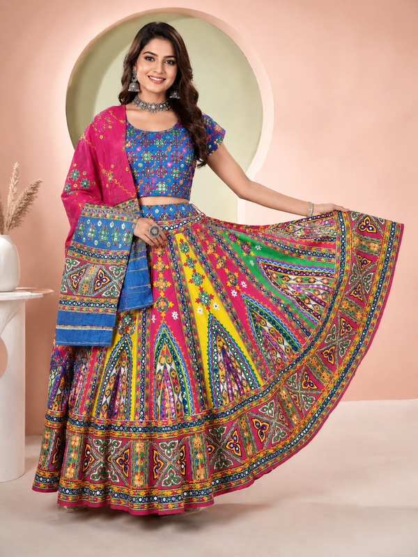 Banjara India Cotton Long Flair Aari Embroidery Kutch Work (Lehenga Choli) Chaniya Choli Set with Dupatta-Temple-01