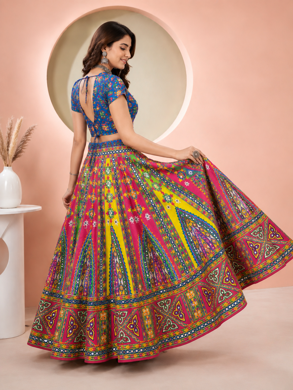 Banjara India Cotton Long Flair Aari Embroidery Kutch Work (Lehenga Choli) Chaniya Choli Set with Dupatta-Temple-01