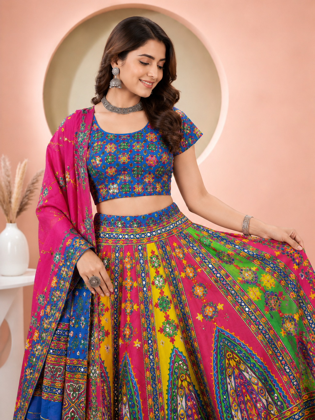 Banjara India Cotton Long Flair Aari Embroidery Kutch Work (Lehenga Choli) Chaniya Choli Set with Dupatta-Temple-01