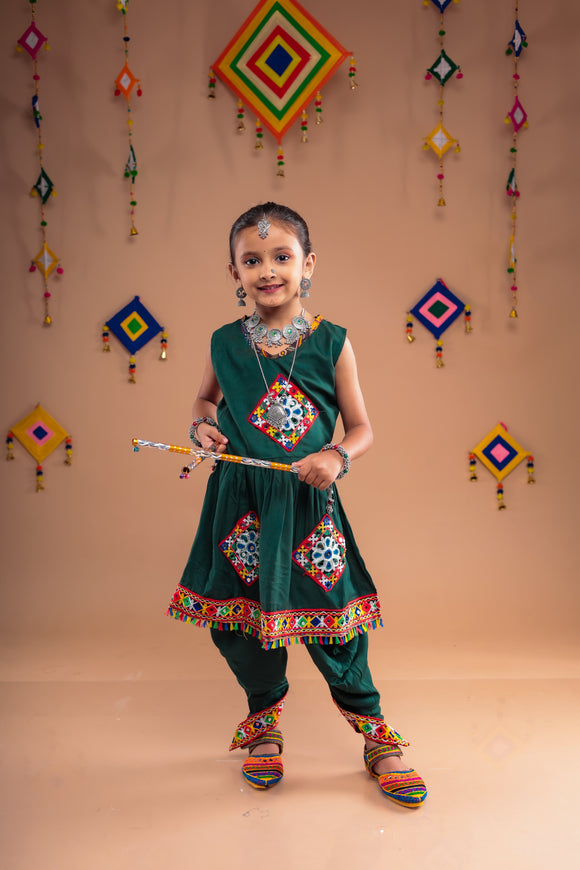 Banjara India Kutchi Embroidered Girls Dhoti Set (DHT-111) - Green