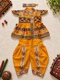 Banjara India Cotton Kutch Work Embroidered Kids Kediyu & Dhoti Set with Headband (KD-Krishna)-Mustard