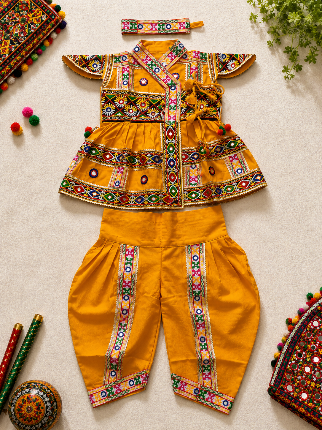 Banjara India Cotton Kutch Work Embroidered Kids Kediyu & Dhoti Set with Headband (KD-Krishna)-Mustard