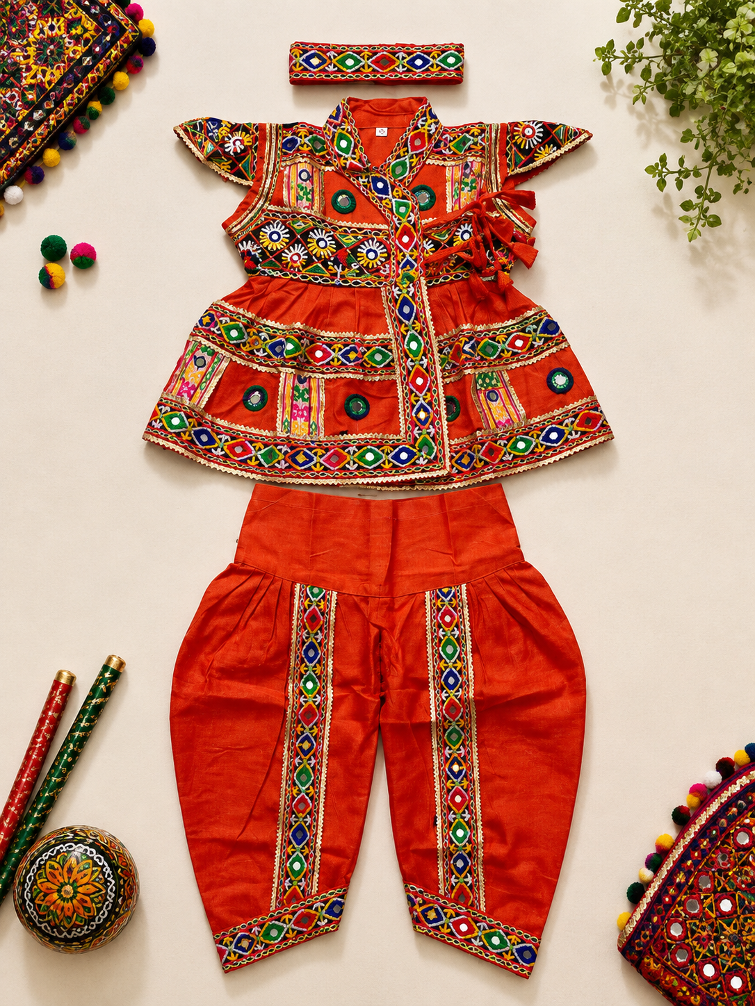Banjara India Cotton Kutch Work Embroidered Kids Kediyu & Dhoti Set with Headband (KD-Krishna)-Orange