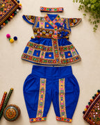 Banjara India Cotton Kutch Work Embroidered Kids Kediyu & Dhoti Set with Headband (KKD-Krishna)-Blue