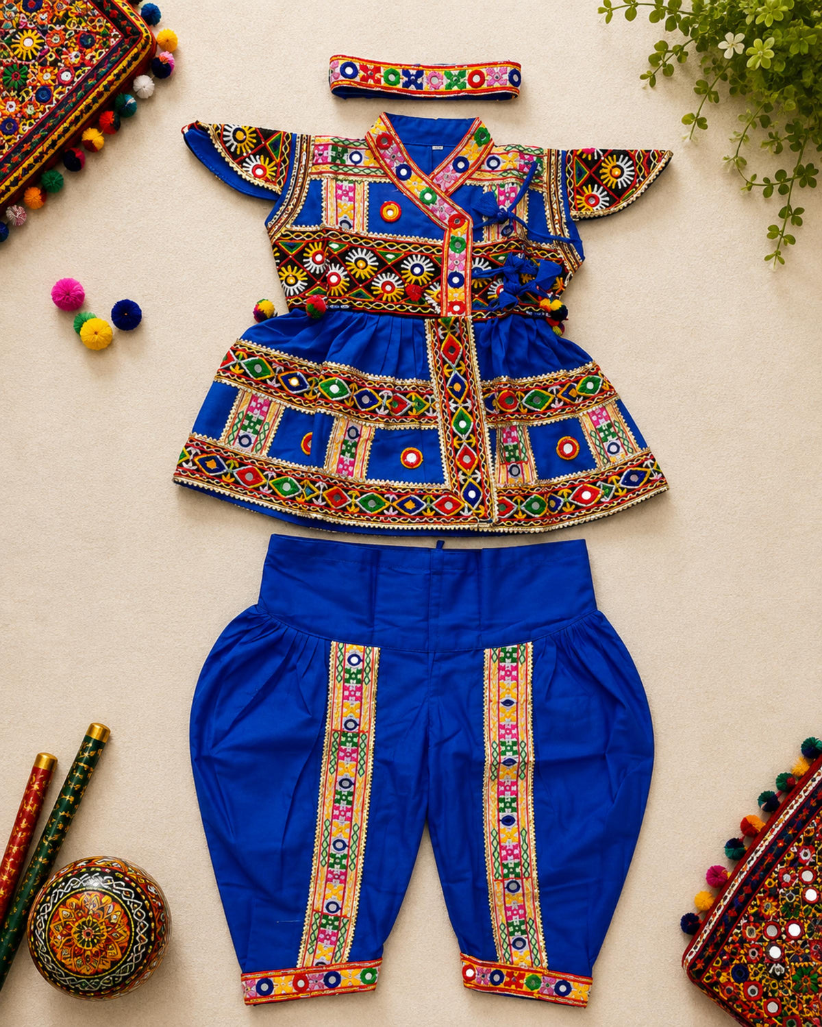Banjara India Cotton Kutch Work Embroidered Kids Kediyu & Dhoti Set with Headband (KKD-Krishna)-Blue