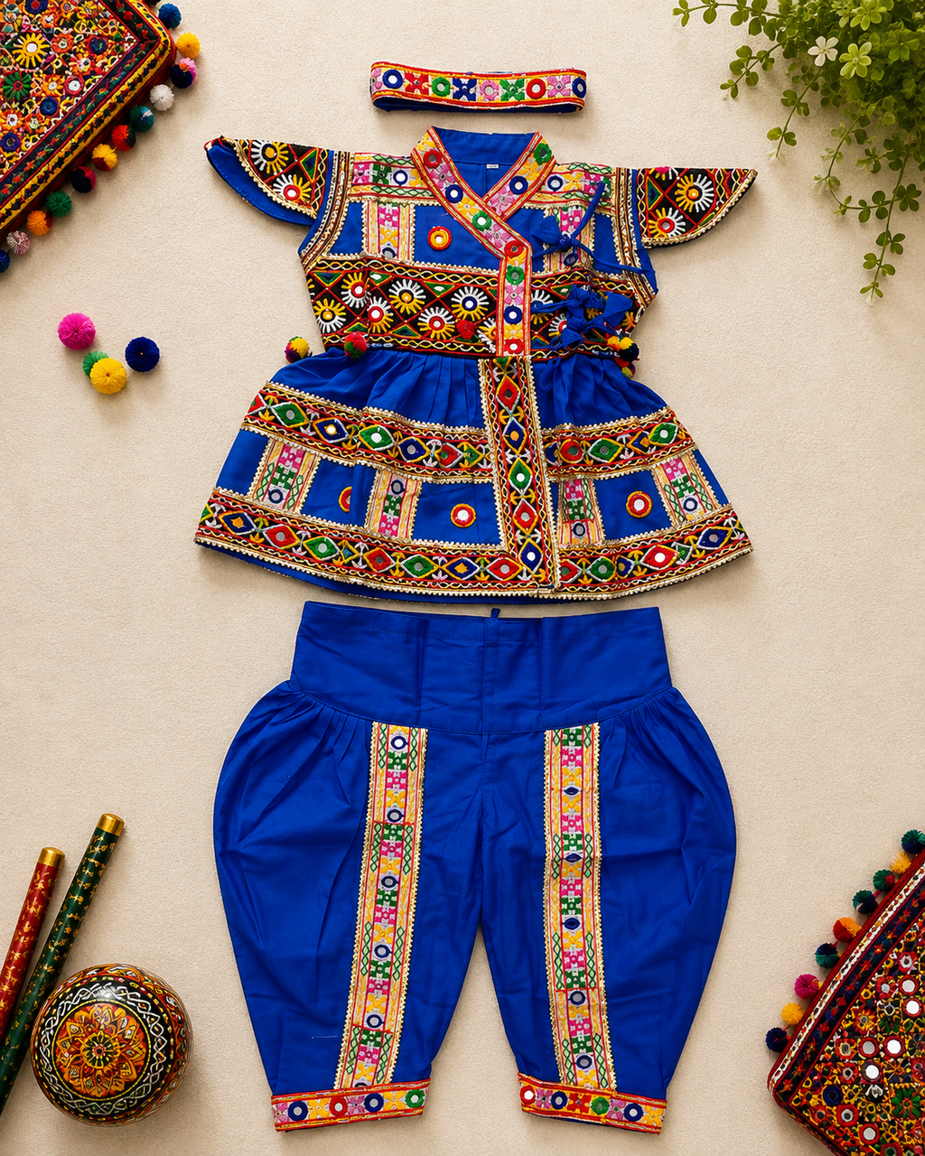 Banjara India Cotton Kutch Work Embroidered Kids Kediyu & Dhoti Set with Headband (KD-Krishna)-Blue