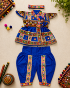 Banjara India Cotton Kutch Work Embroidered Kids Kediyu & Dhoti Set with Headband (KD-Krishna)-Blue