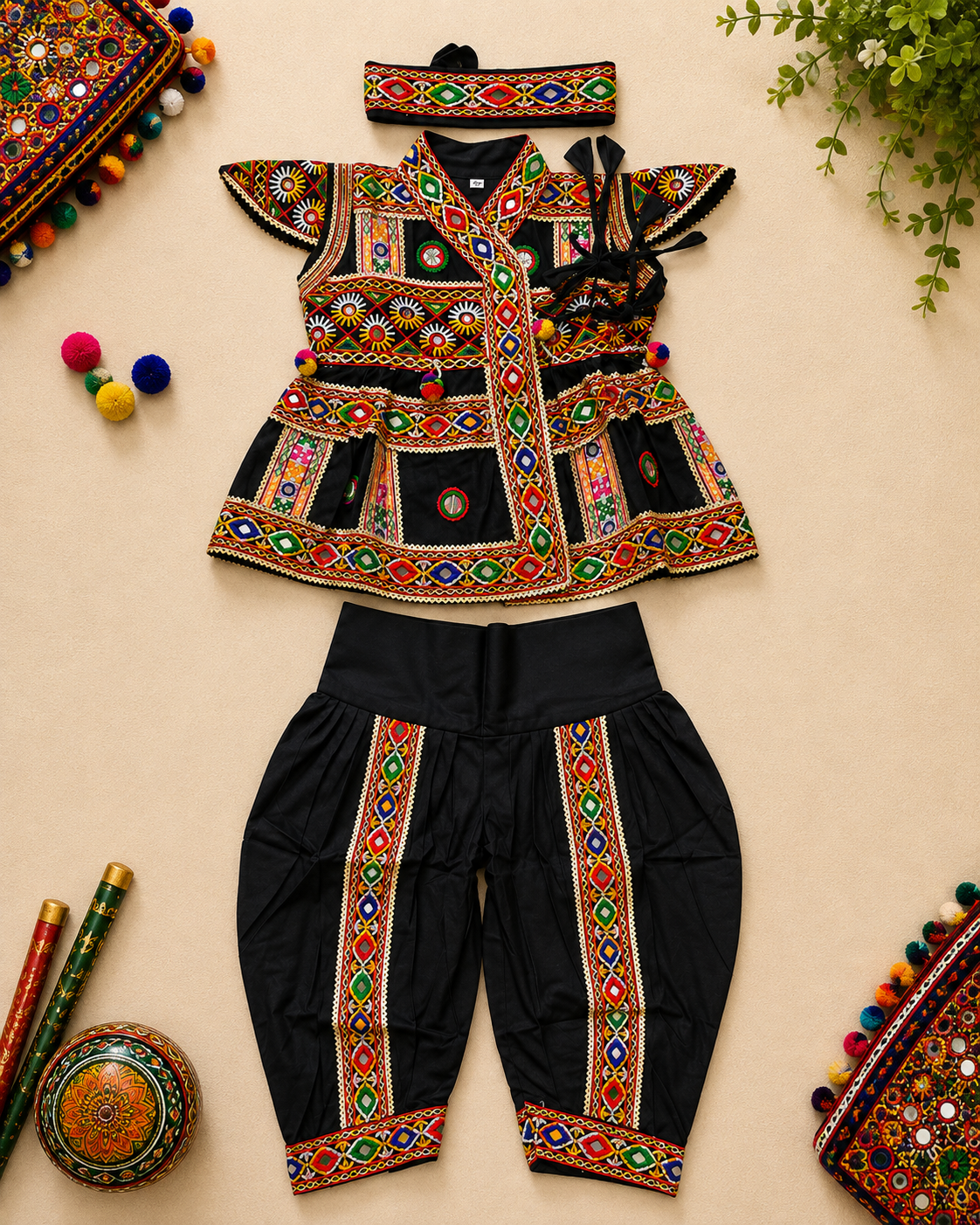 Banjara India Cotton Kutch Work Embroidered Kids Kediyu & Dhoti Set with Headband (KD-Krishna)-Black