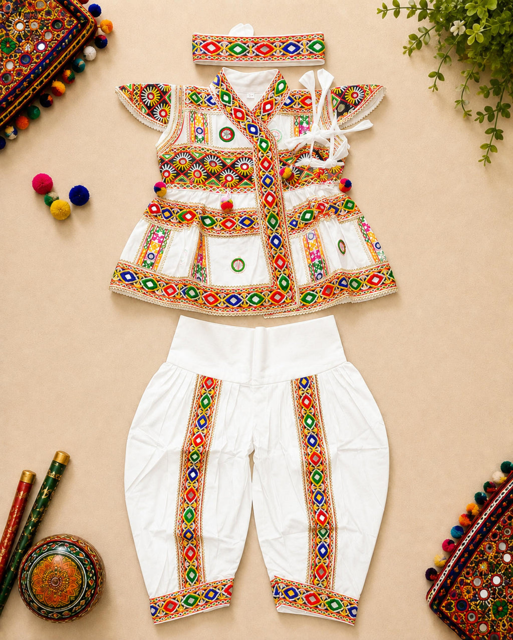 Banjara India Cotton Kutch Work Embroidered Kids Kediyu & Dhoti Set with Headband (KKD-Krishna)-White