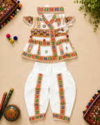Banjara India Cotton Kutch Work Embroidered Kids Kediyu & Dhoti Set with Headband (KKD-Krishna)-White