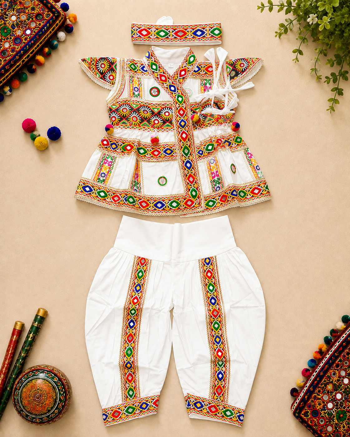 Banjara India Cotton Kutch Work Embroidered Kids Kediyu & Dhoti Set with Headband (KD-Krishna)-White