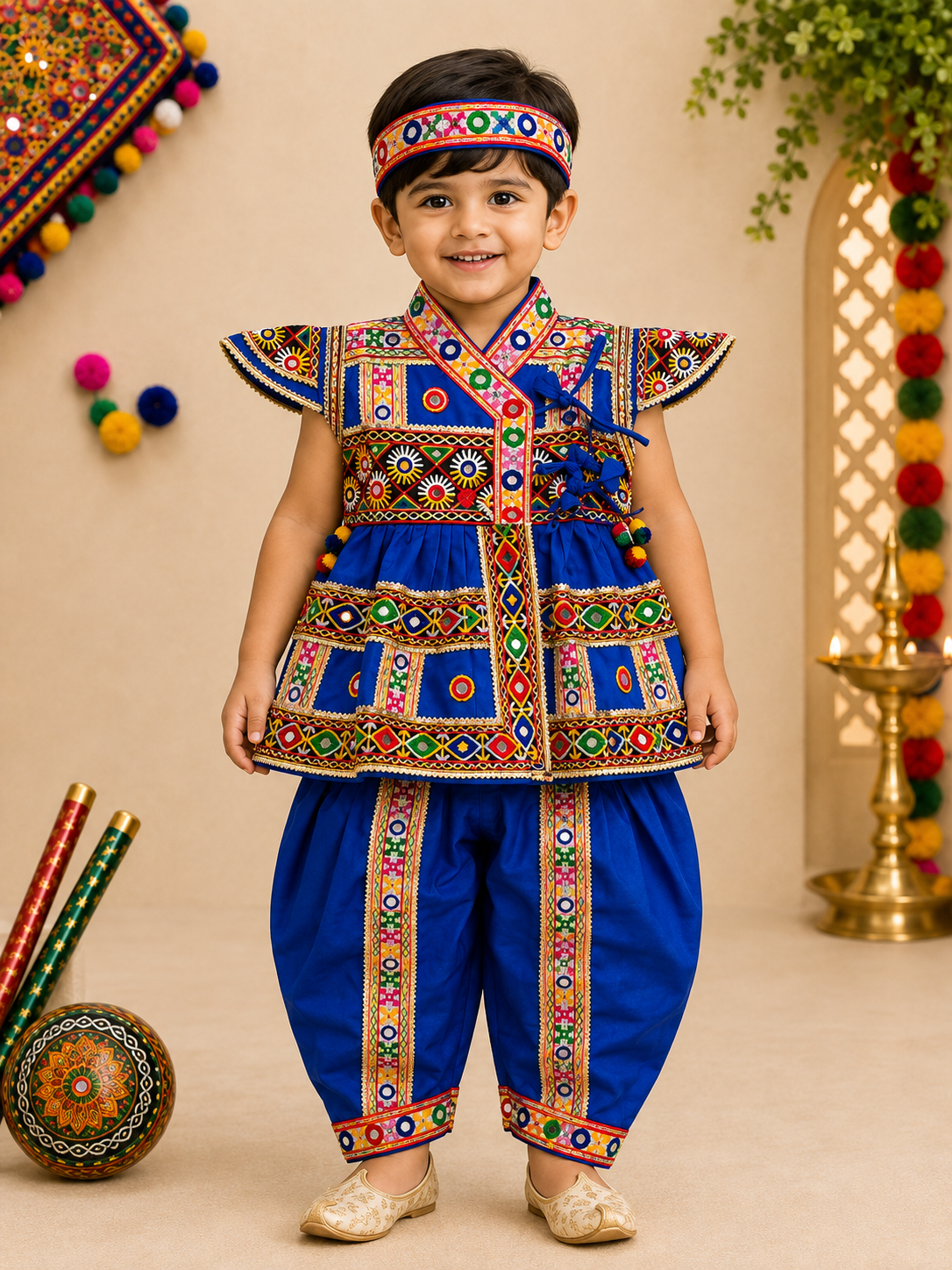 Banjara India Cotton Kutch Work Embroidered Kids Kediyu & Dhoti Set with Headband (KKD-Krishna)-Blue