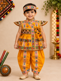 Banjara India Cotton Kutch Work Embroidered Kids Kediyu & Dhoti Set with Headband (KKD-Krishna)-Mustard