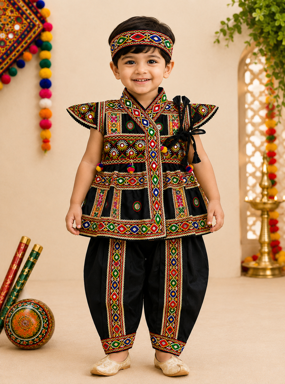 Banjara India Cotton Kutch Work Embroidered Kids Kediyu & Dhoti Set with Headband (KKD-Krishna)-Black