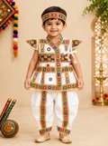 Banjara India Cotton Kutch Work Embroidered Kids Kediyu & Dhoti Set with Headband (KKD-Krishna)-White