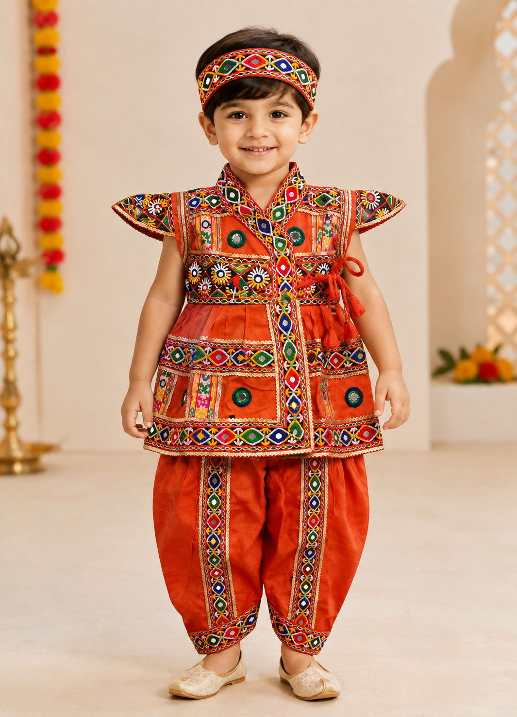 Banjara India Cotton Kutch Work Embroidered Kids Kediyu & Dhoti Set with Headband (KKD-Krishna)-Red