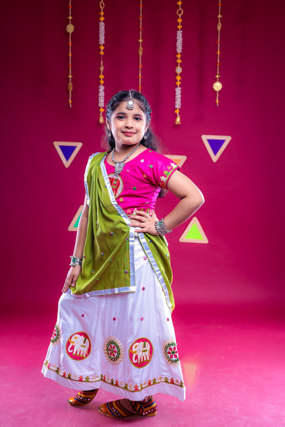 Banjara India Kutchi Embroidered Girls Chaniya Choli with Dupatta (CC-Flower)-White