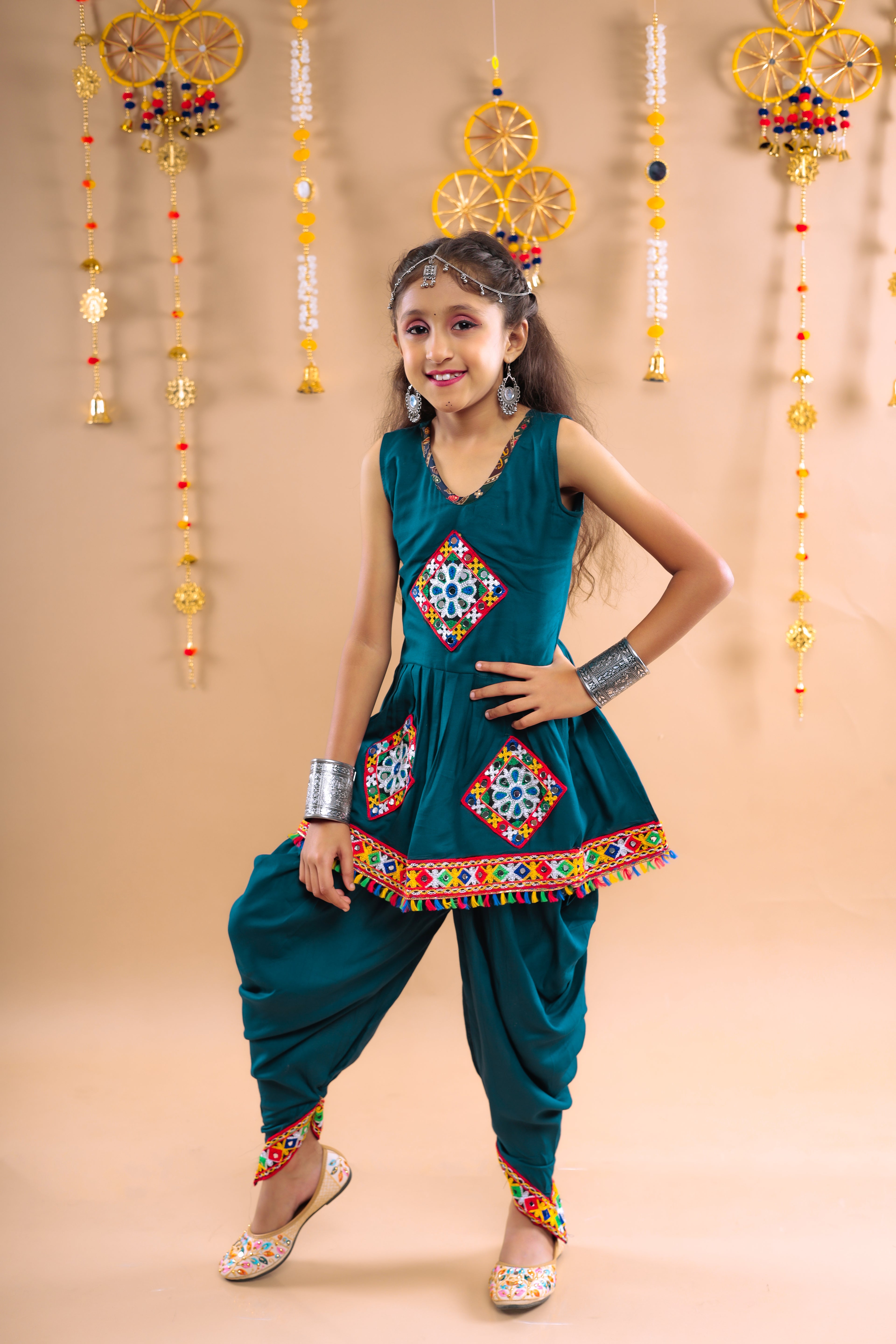 Banjara India Kutchi Embroidered Girls Dhoti Set (DHT-111) - Green