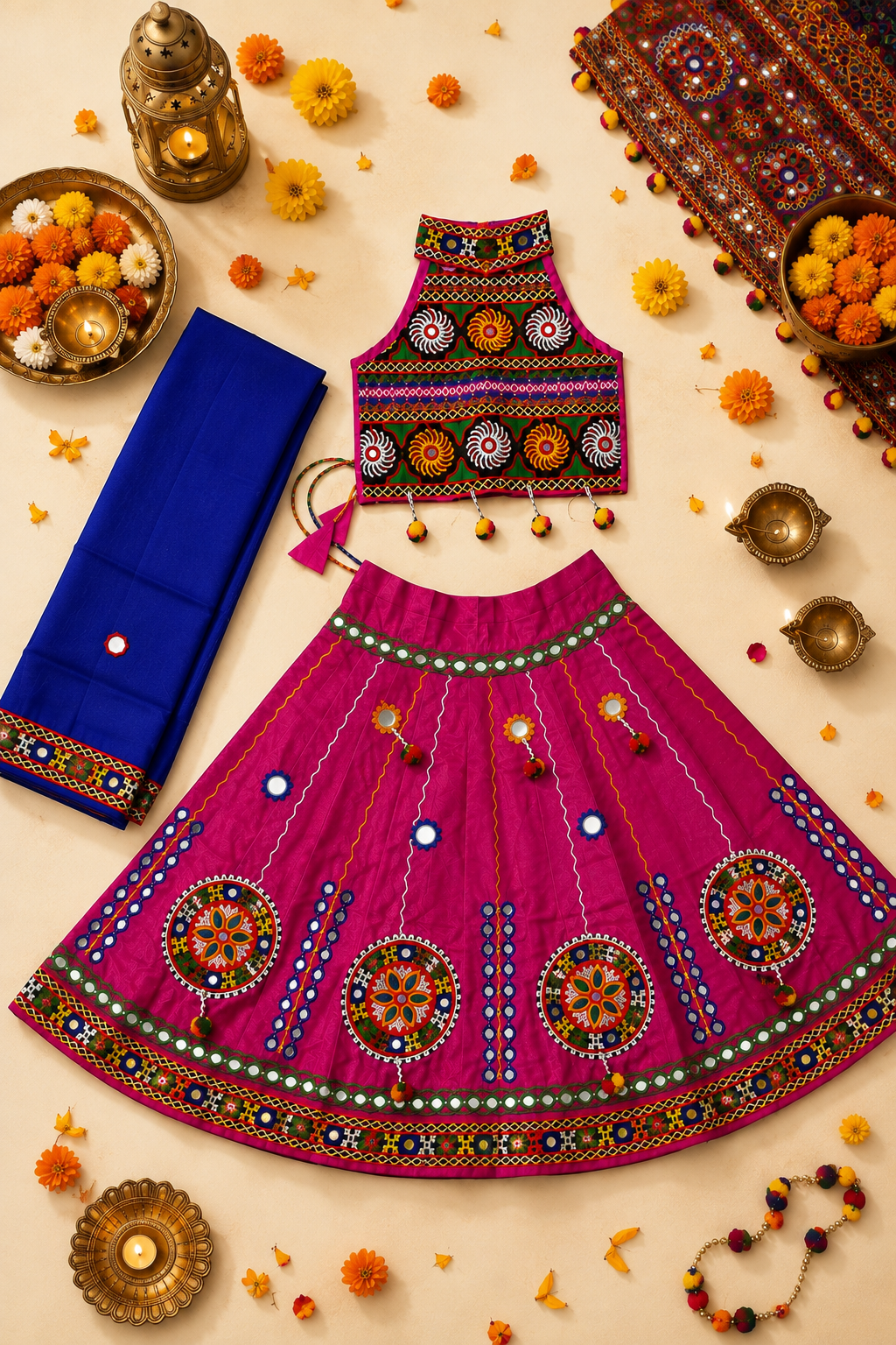 Banjara India Radha Kutch Embroidered Cotton Mirrorwork Festive Wear (Lehenga) Chaniya Choli Set with Dupatta (CC-RADHA-Pink)