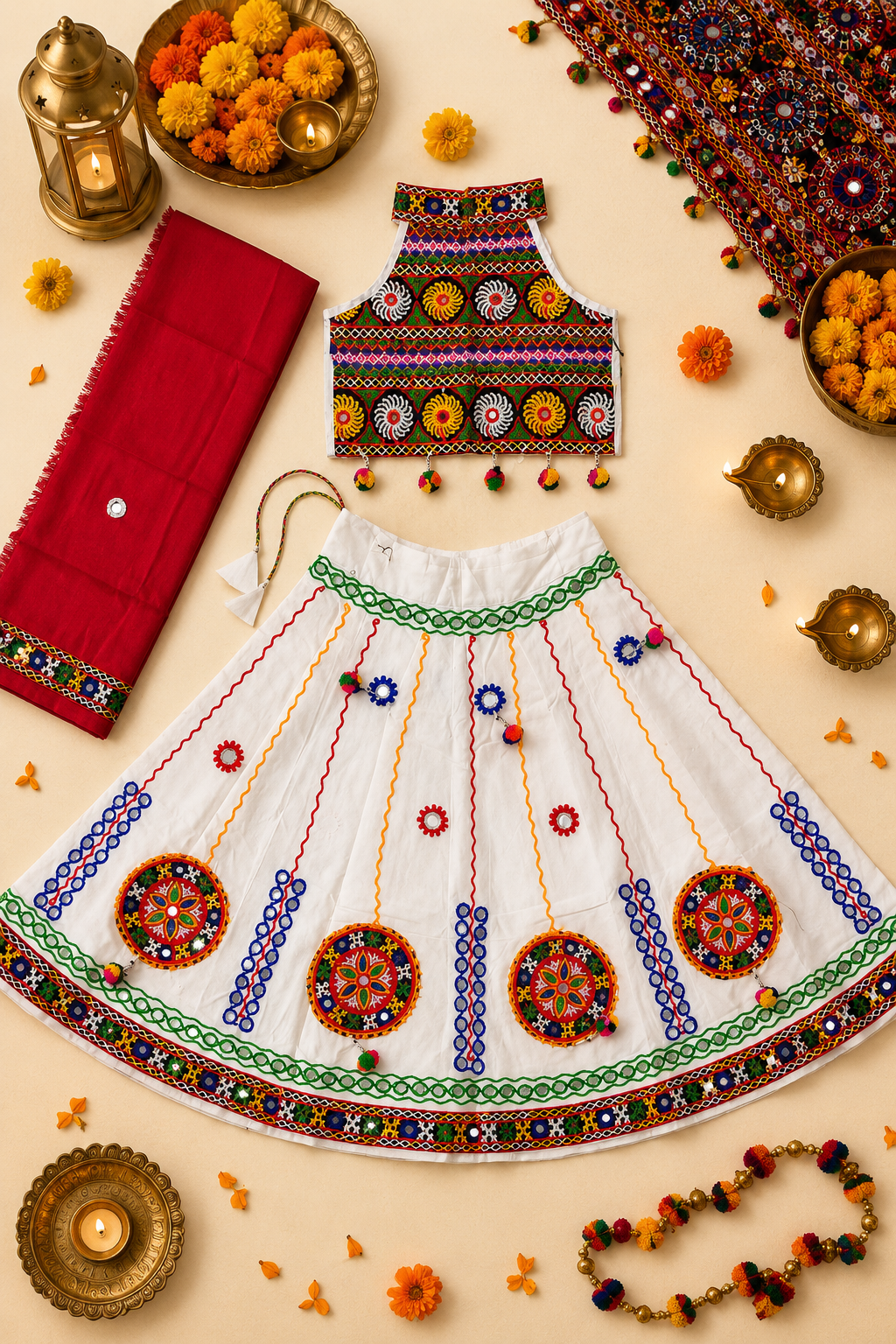 Banjara India Radha Kutch Embroidered Cotton Mirrorwork Festive Wear (Lehenga) Chaniya Choli Set with Dupatta (CC-RADHA-White)