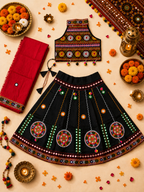 Banjara India Radha Kutch Embroidered Cotton Mirrorwork Festive Wear (Lehenga) Chaniya Choli Set with Dupatta (CC-RADHA-Black)