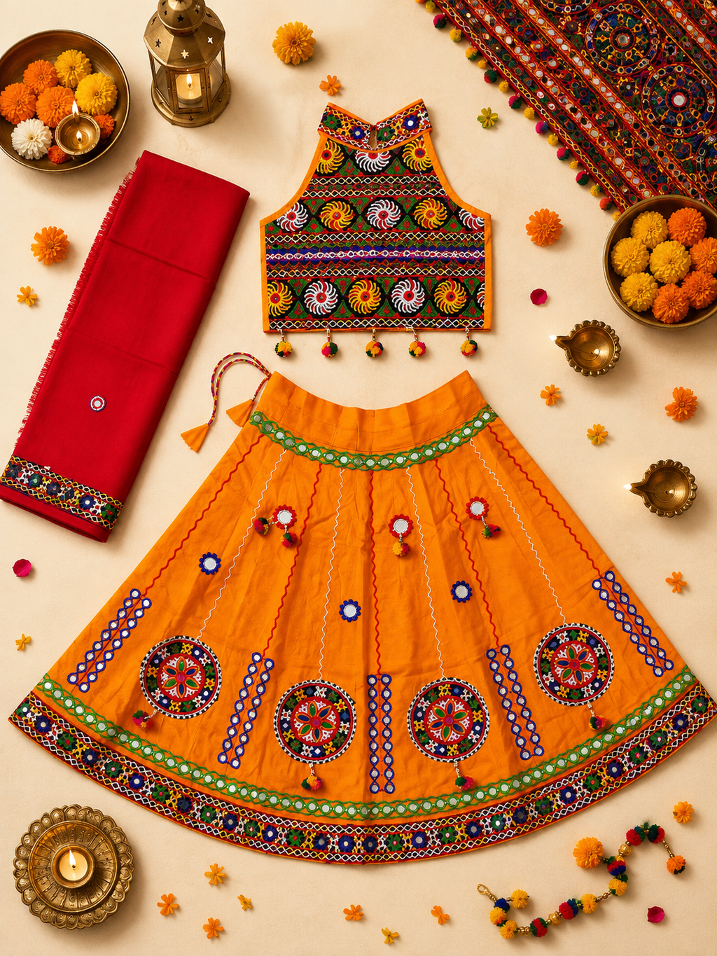 Banjara India Radha Kutch Embroidered Cotton Mirrorwork Festive Wear (Lehenga) Chaniya Choli Set with Dupatta (CC-RADHA-Yellow)