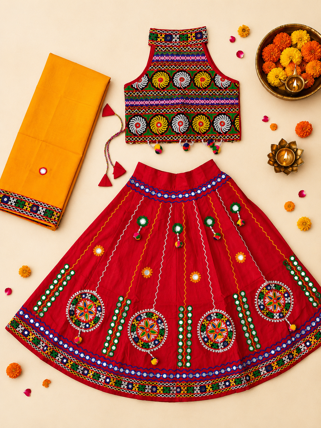 Banjara India Radha Kutch Embroidered Cotton Mirrorwork Festive Wear (Lehenga) Chaniya Choli Set with Dupatta (CC-RADHA-Red)