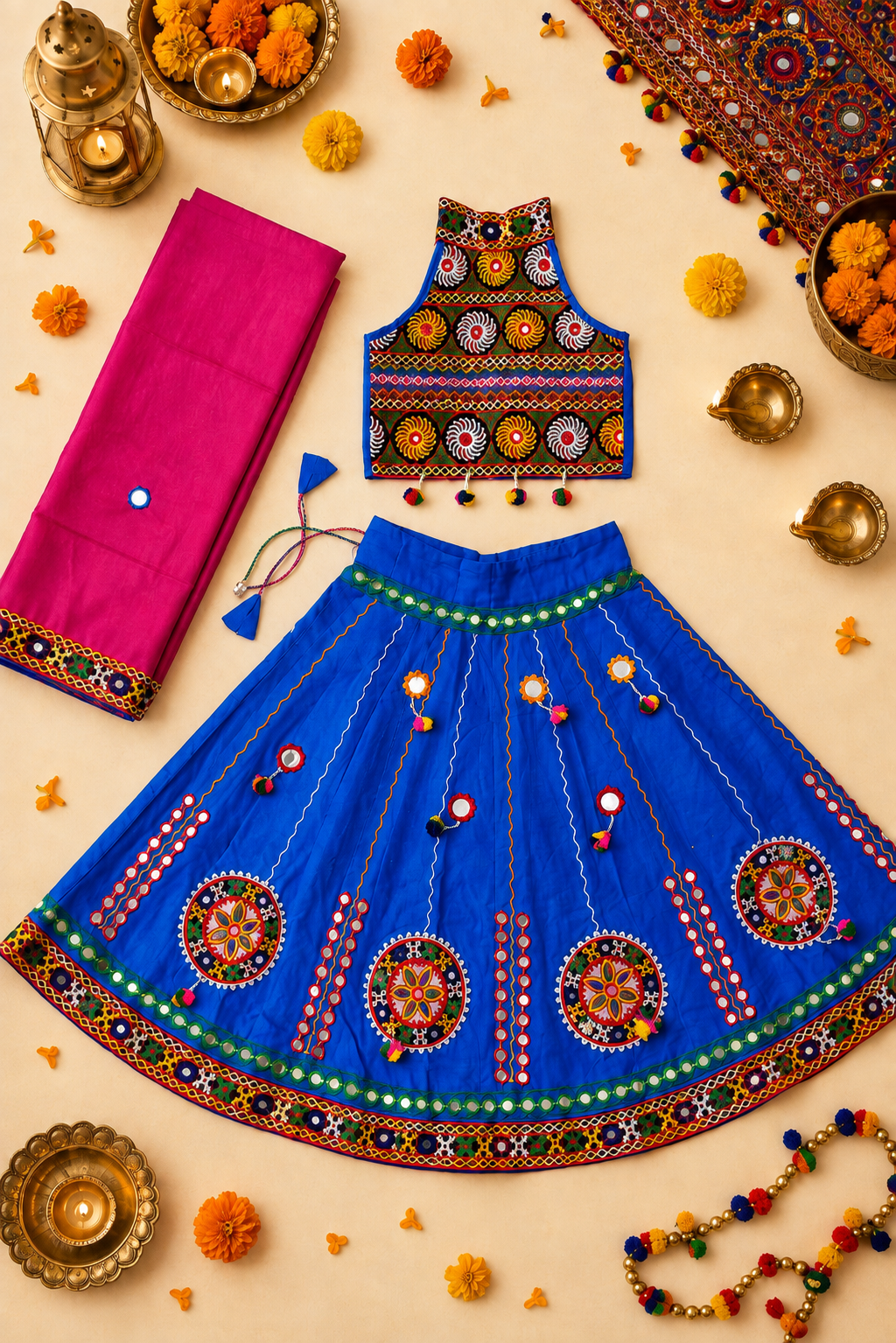 Banjara India Radha Kutch Embroidered Cotton Mirrorwork Festive Wear (Lehenga) Chaniya Choli Set with Dupatta (CC-RADHA-Blue)