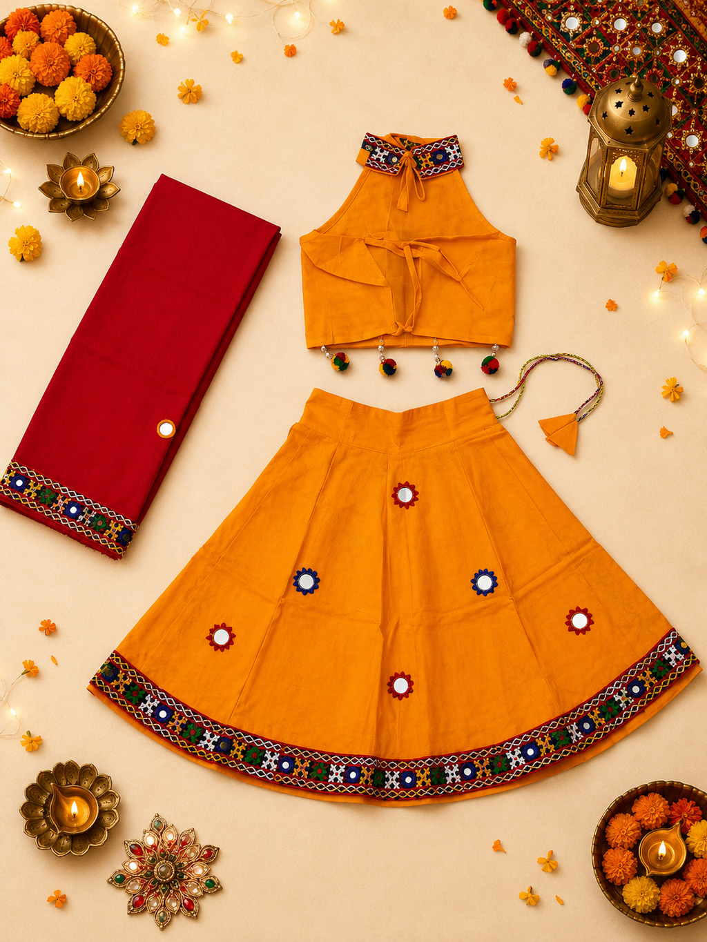 Banjara India Radha Kutch Embroidered Cotton Mirrorwork Festive Wear (Lehenga) Chaniya Choli Set with Dupatta (CC-RADHA-Yellow)