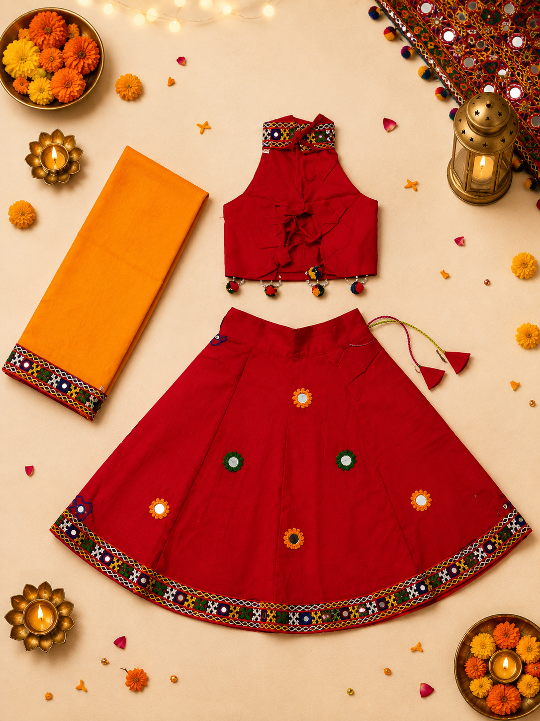 Banjara India Radha Kutch Embroidered Cotton Mirrorwork Festive Wear (Lehenga) Chaniya Choli Set with Dupatta (CC-RADHA-Red)
