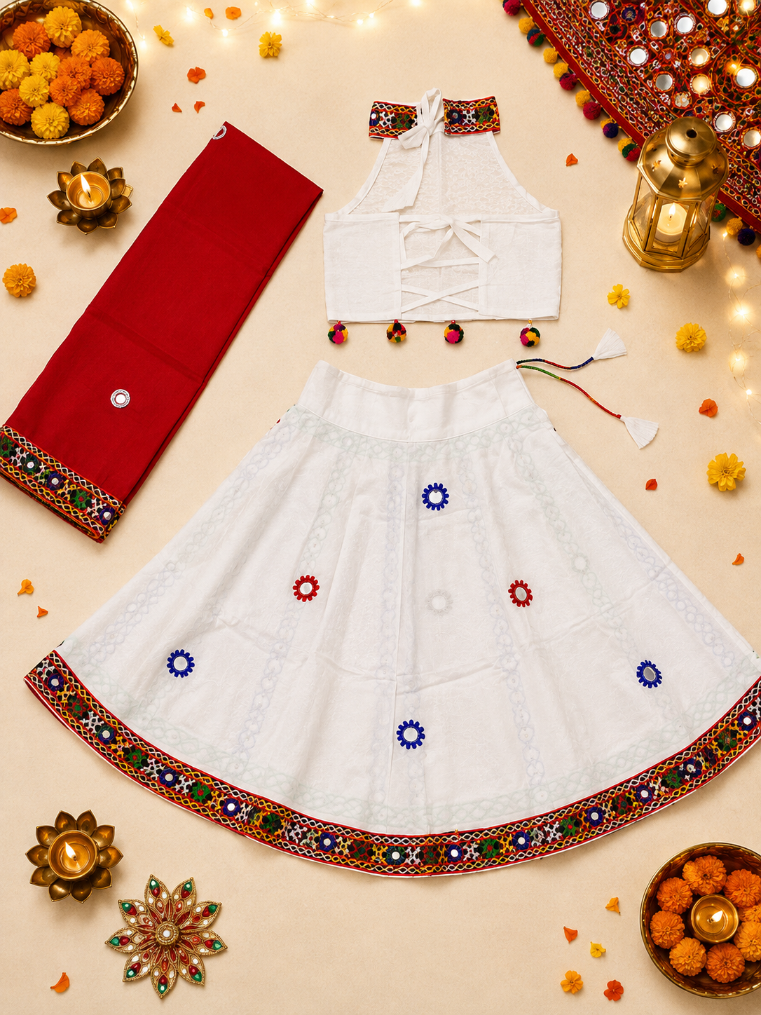 Banjara India Radha Kutch Embroidered Cotton Mirrorwork Festive Wear (Lehenga) Chaniya Choli Set with Dupatta (CC-RADHA-White)