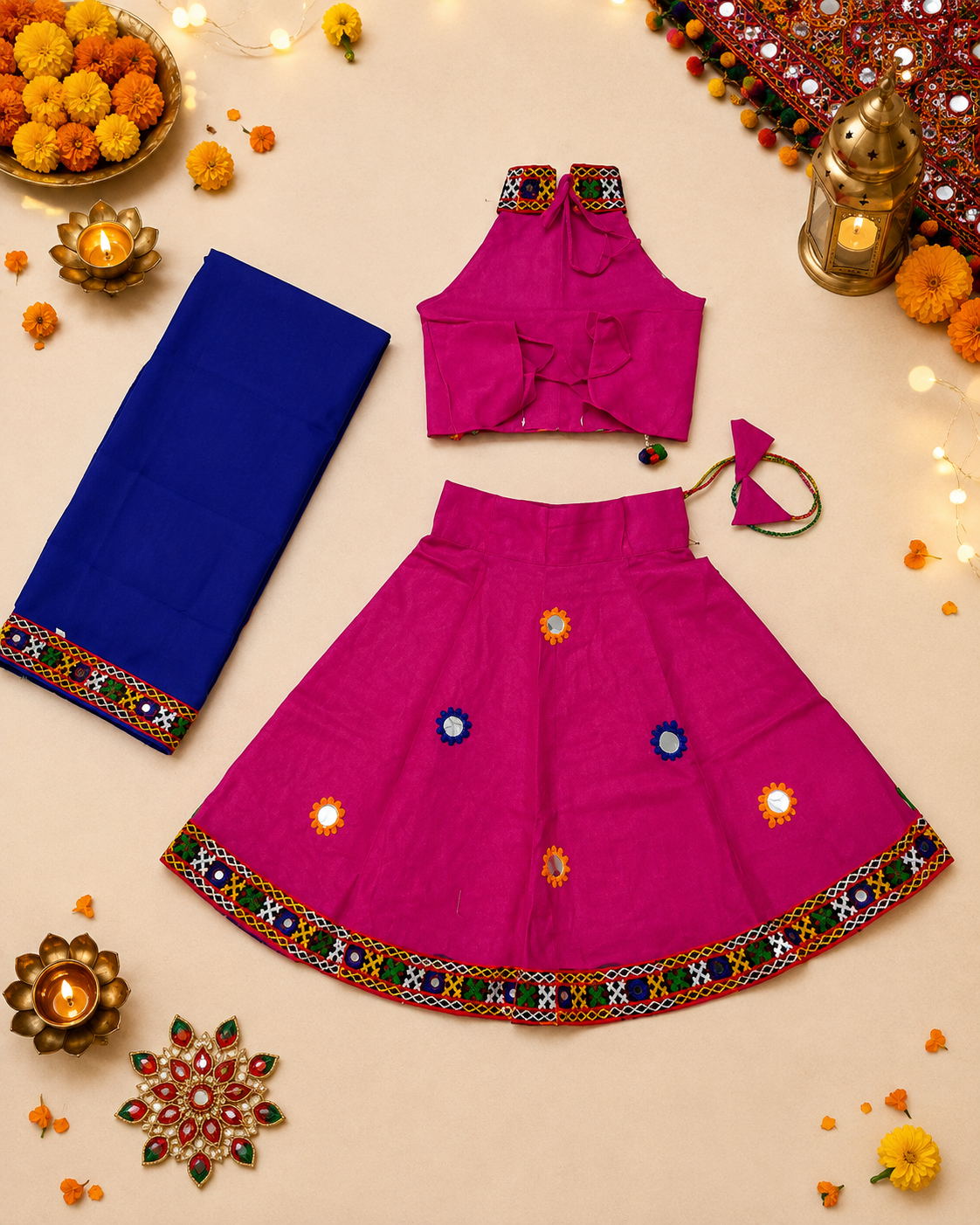 Banjara India Radha Kutch Embroidered Cotton Mirrorwork Festive Wear (Lehenga) Chaniya Choli Set with Dupatta (CC-RADHA-Pink)
