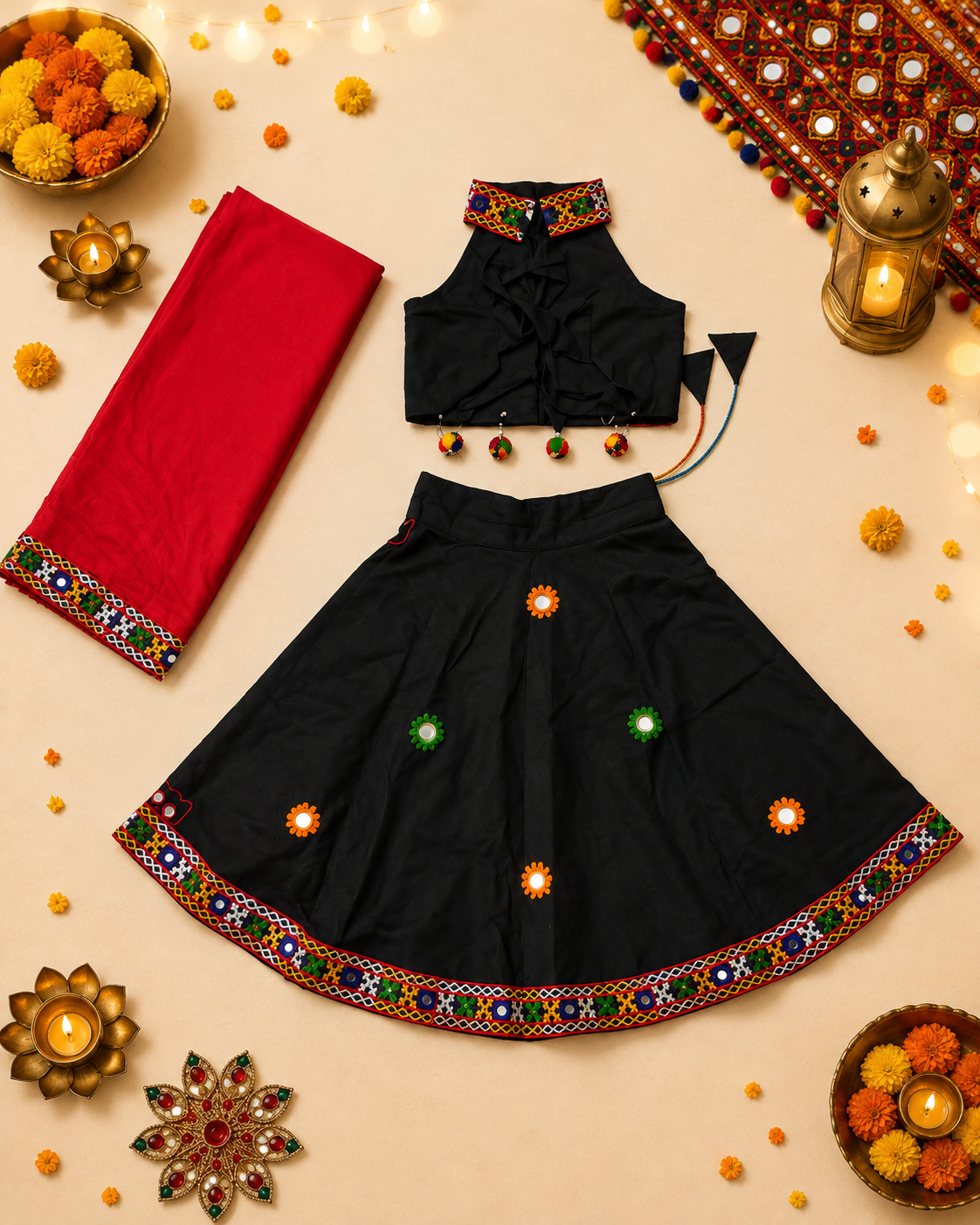 Banjara India Radha Kutch Embroidered Cotton Mirrorwork Festive Wear (Lehenga) Chaniya Choli Set with Dupatta (CC-RADHA-Black)