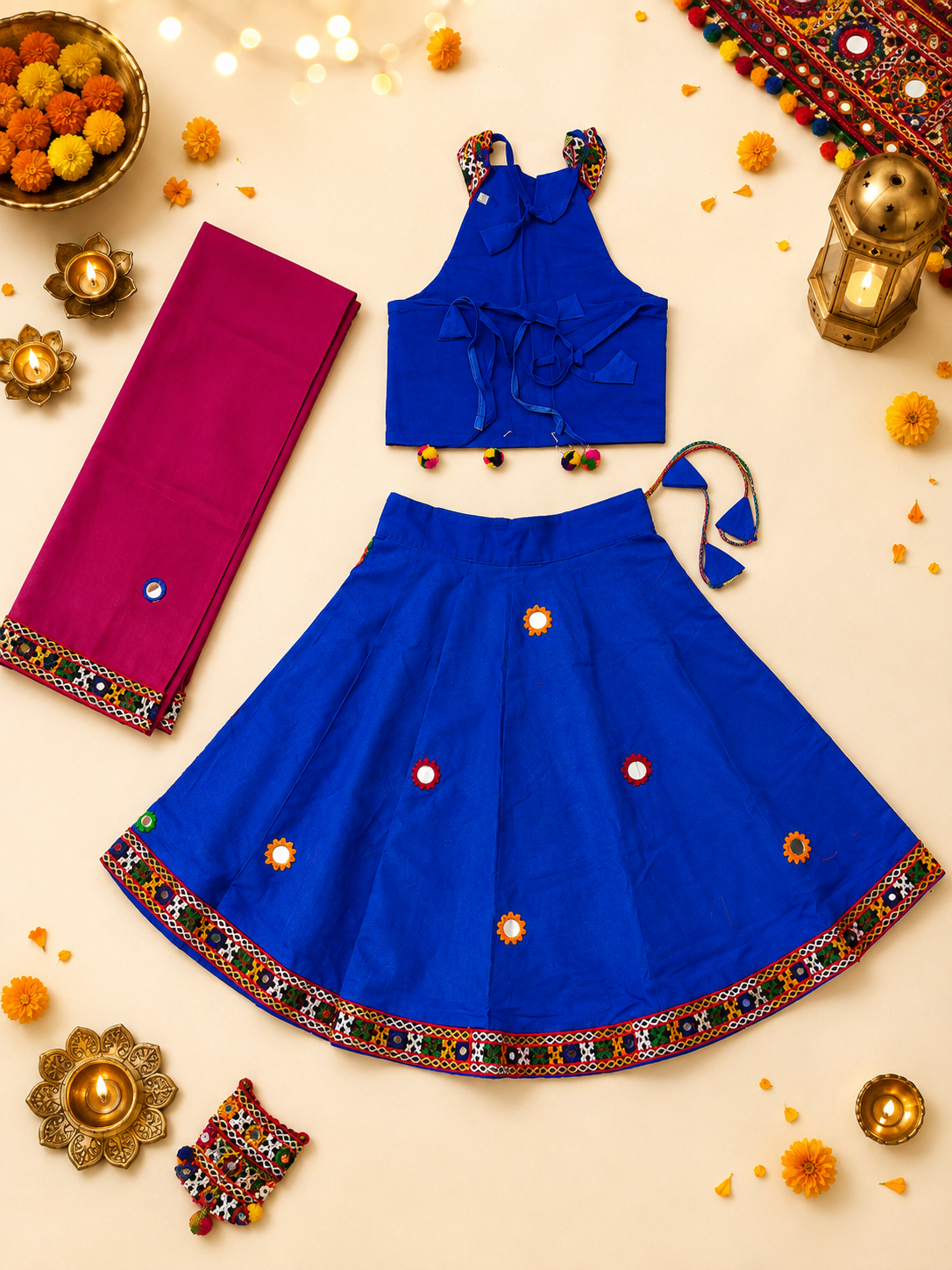 Banjara India Radha Kutch Embroidered Cotton Mirrorwork Festive Wear (Lehenga) Chaniya Choli Set with Dupatta (CC-RADHA-Blue)