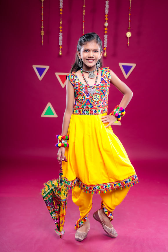 Banjara India Kutchi Embroidered Girls Dhoti Set (DHT-222) - Yellow
