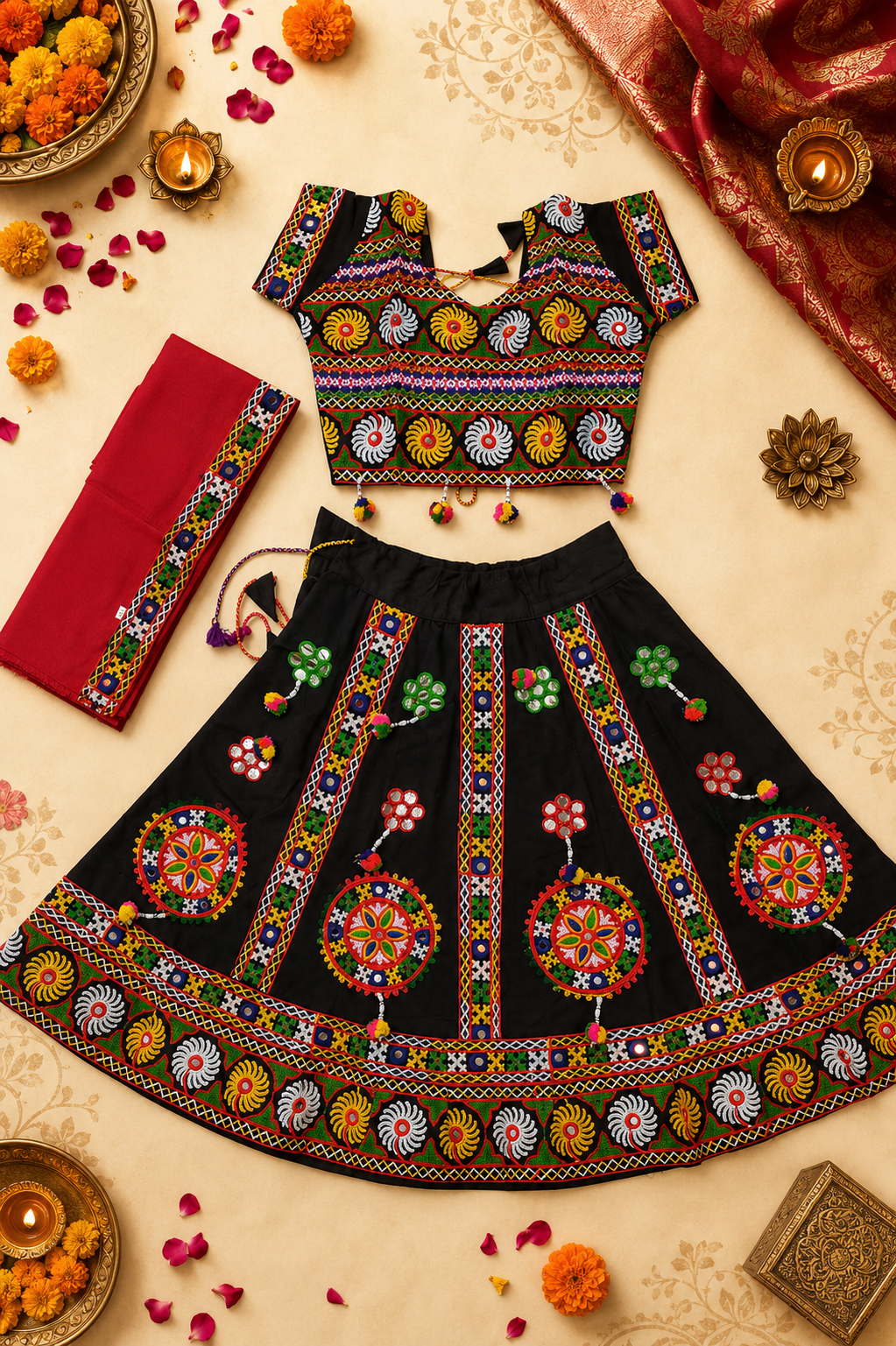 Banjara India MEERA Kutch Embroidered Cotton Mirrorwork Festive Wear (Lehenga) Chaniya Choli Set with Dupatta (CC-MEERA-Black)