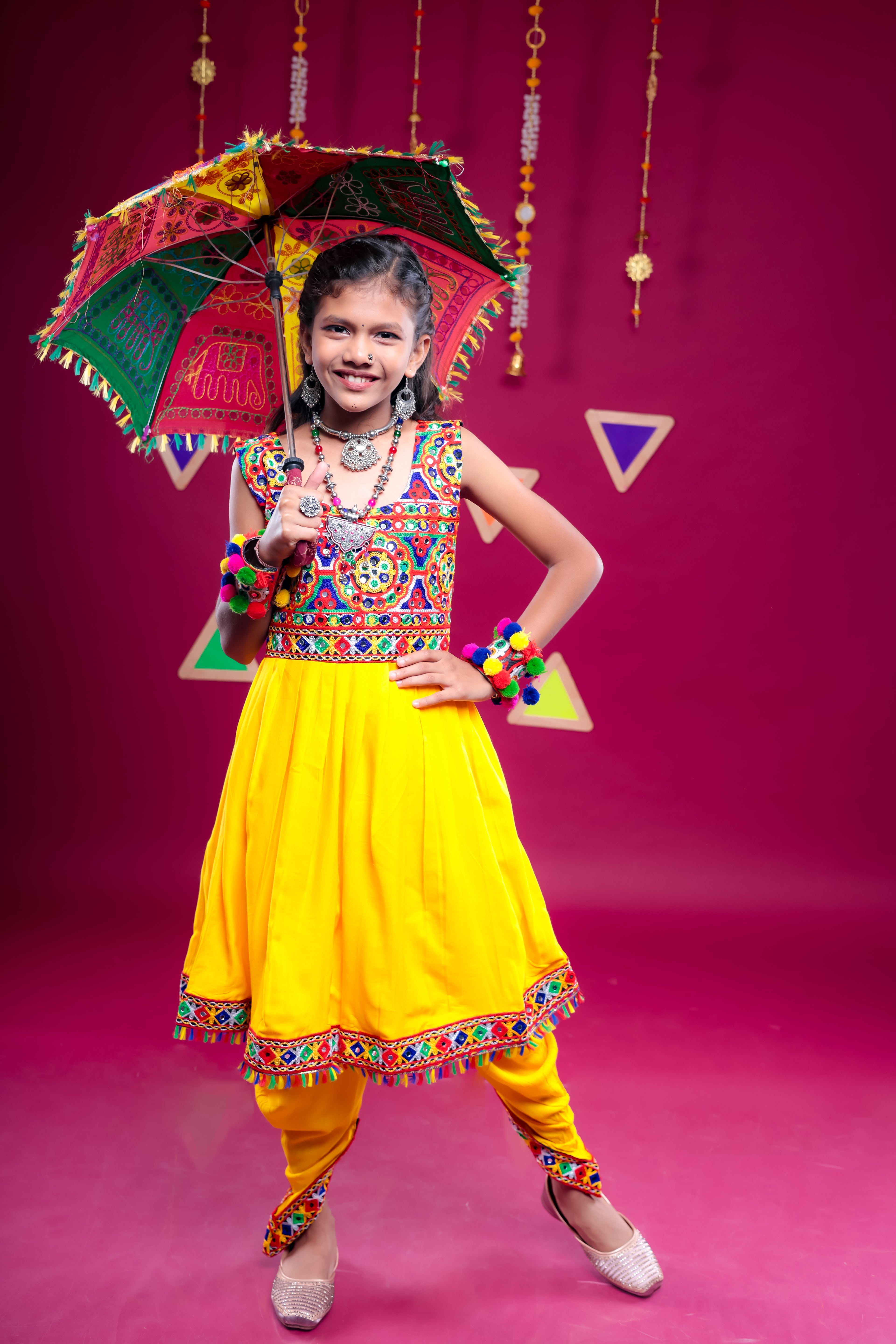 Banjara India Kutchi Embroidered Girls Dhoti Set (DHT-222) - Yellow