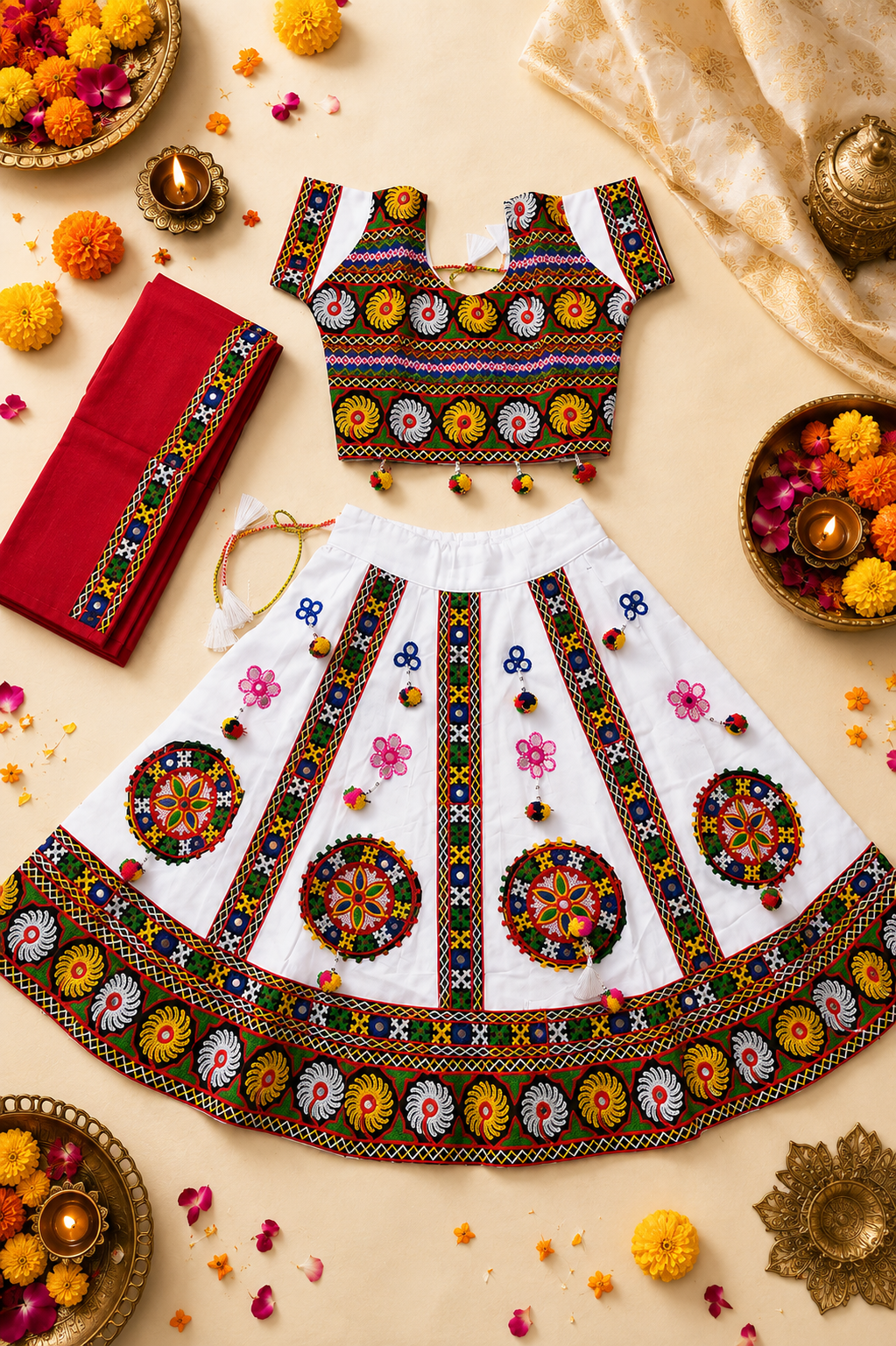 Banjara India MEERA Kutch Embroidered Cotton Mirrorwork Festive Wear (Lehenga) Chaniya Choli Set with Dupatta (CC-MEERA-White)