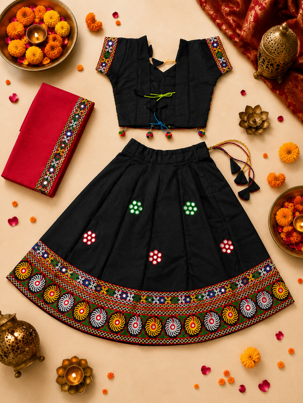 Banjara India MEERA Kutch Embroidered Cotton Mirrorwork Festive Wear (Lehenga) Chaniya Choli Set with Dupatta (CC-MEERA-Black)