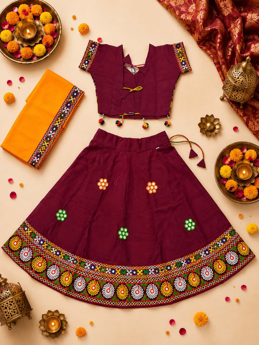 Banjara India MEERA Kutch Embroidered Cotton Mirrorwork Festive Wear (Lehenga) Chaniya Choli Set with Dupatta (CC-MEERA-Maroon)