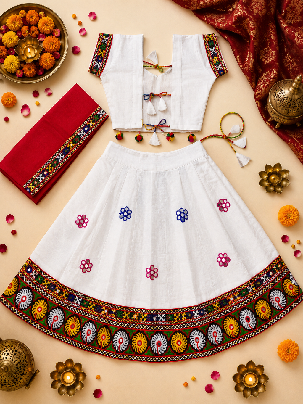 Banjara India MEERA Kutch Embroidered Cotton Mirrorwork Festive Wear (Lehenga) Chaniya Choli Set with Dupatta (CC-MEERA-White)
