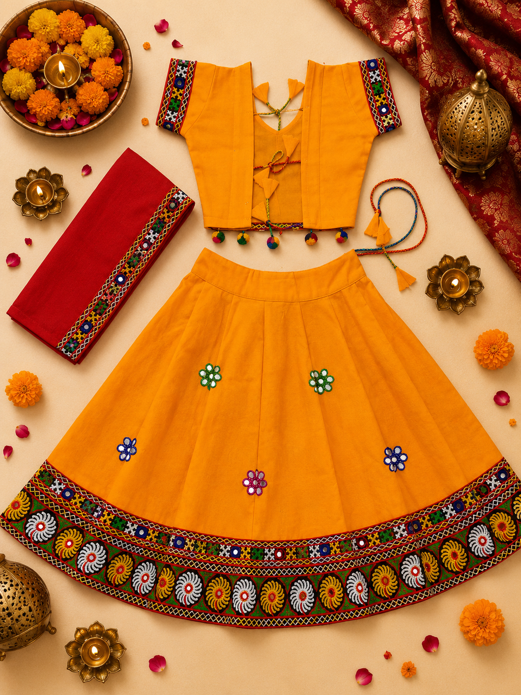 Banjara India MEERA Kutch Embroidered Cotton Mirrorwork Festive Wear (Lehenga) Chaniya Choli Set with Dupatta (CC-MEERA-Yellow) (Copy)