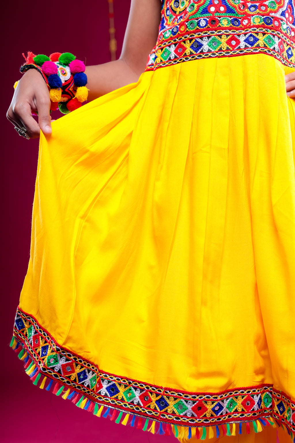 Banjara India Kutchi Embroidered Girls Dhoti Set (DHT-222) - Yellow