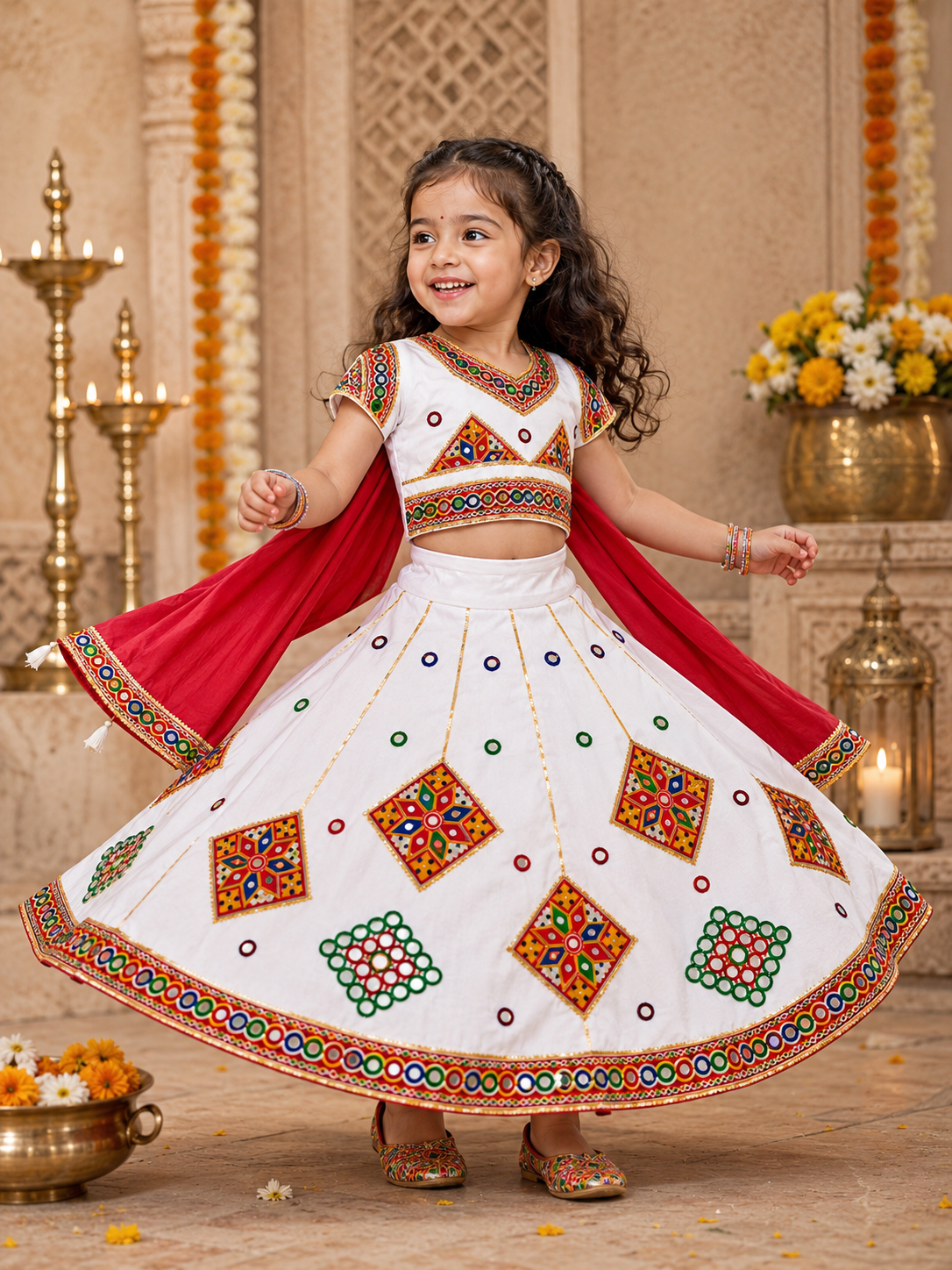 Banjara India Kutchi Embroidered Girls Chaniya Choli with Dupatta (CC-ButtaWork) - White